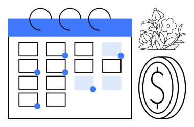 Finansal planlama, zaman yönetimi, gelir takibi, bütçe büyümesi, finansal büyüme, kişisel finans. Bozuk para ve çiçek elementli stilize takvim. Mali planlama ve gelir izleme kavramı