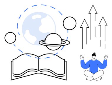 Eğitim, farkındalık, kişisel gelişim, yaratıcılık, keşif, maneviyat. Gezegenler ve meditasyon yapan insanlarla dolu açık bir kitap. Eğitim ve farkındalık kavramları