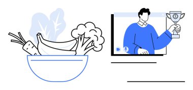 İçinde havuç, muz, yapraklı yeşillikler ve brokoli bulunan bir kase taze sebzenin yanında bir kupa tutan sanal bir figür. Çevrimiçi sağlık, sağlık, başarı, motivasyon ve beslenme için ideal