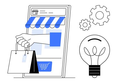 Çevrimiçi alışveriş, e-ticaret girişimleri, yenilik stratejileri, perakende teknoloji çözümleri, ürün dağıtımı, yaratıcı iş fikirleri. Bir el, yanında dijital bir mağazadan çıkan bir alışveriş poşetini tutuyor.