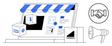 E-ticaret konsepti. E-ticaret dijital bir mağaza önü, alışveriş ikonları ve pazarlama sembolleriyle resmedilmiş. İşletmeleri, müşterileri ve dijital pazarlamayı birbirine bağlayan e-ticaret. Perakende için kullan, çevrimiçi