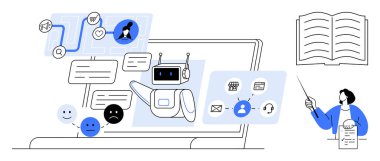 Chatbot on laptop screen managing conversations through speech bubbles, user feedback emotions, and workflow icons. Ideal for AI, automation, customer support, digital learning, UX design, feedback