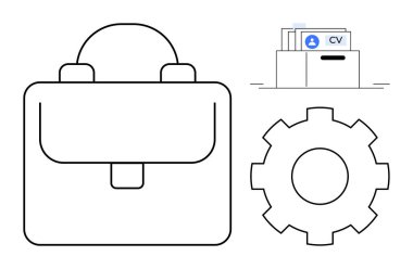 İş arama konsepti. Bir evrak çantası, CV klasörü ve vites simgesi profesyonel araçlar ve istihdam çözümleri. Meslek arama, adam toplama ve kişisel gelişim. İK ve iş platformları için ideal
