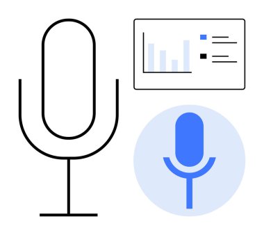 Ses teknolojisi, podcast, ses kaydı, konuşma tanıma, analitik, dijital medya. Mikrofon simgesi, grafik ve grafiksel. Ses teknolojisi ve podcast görselleştirmesi
