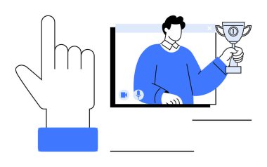 Elinde kupa olan bir video görüşmesinin katılımcısının elini yukarı kaldırıyor. Temalar için ideal, sanal kutlamalar, dijital iletişim, takım çalışması, uzaktan çalışma, başarı