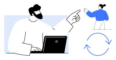 Takım çalışması, uzaktan işbirliği, iletişim, proje yönetimi, geri bildirim, dijital bağlantı. Bilgisayarda yazan bir kişi, başka bir işaret ve geri bildirim döngüsü simgesi. İşbirliği