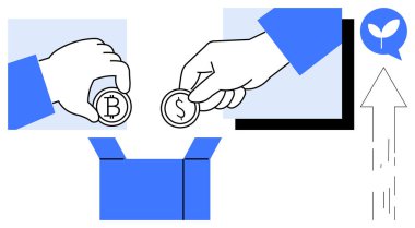 Finance, cryptocurrency exchange, investments, digital wallet, crowdfunding, sustainability. Two hands depositing Bitcoin and Dollar coins into a box. Finance and cryptocurrency exchange concept
