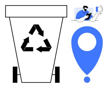 Sürdürülebilirlik, atık yönetimi, yer bulma, dijital teknoloji, geri dönüşüm, toplum desteği. Sembollü geri dönüşüm kutusu, tablet kullanan konum belirleyici kişi. Geri dönüşüm