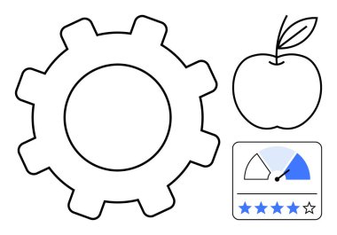 Üretkenlik simgesi seti. Ayarlar için teçhizat, sağlığın elma sembolü ve iş geribildirim için değerlendirme simgeleri de dahil olmak üzere verimlilik sembolleri. İş akışı, proje yönetimi, reytingler, iş için