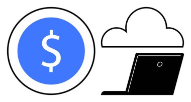 Finansal teknoloji, dijital işlemler, bulut depolama, uzaktan çalışma, e-ticaret, çevrimiçi hizmetler. Bulut sembolünün altında mavi bir para ve dizüstü bilgisayar. Finansal teknoloji ve bulut depolama