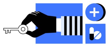 Erişim konsepti. Tıbbi ve ilaç sembollerinin yanında elle tutulan erişim anahtarı da var. Tıbbi veri güvenliği ve hasta mahremiyeti ile ilgili sağlık hizmetlerine erişim. Güvenlik sistemleri için ideal