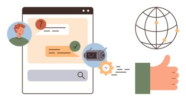 Yapay zeka, çevrimiçi destek, küresel iletişim, otomasyon, teknoloji, müşteri hizmetleri. Sohbet penceresi, kullanıcı sohbet robotu ikonu küresi ve baş parmak işareti. AI yardımı ve çevrimiçi