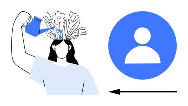 Kişisel gelişim konsepti. Bitki sulama ve çiçek açmasıyla oluşan kişisel gelişim. Kişisel büyüme ve dönüşüm kullanıcı sembolünün yanında özetlendi. Kendini geliştirmeye ve yaratıcılığa uygundur.