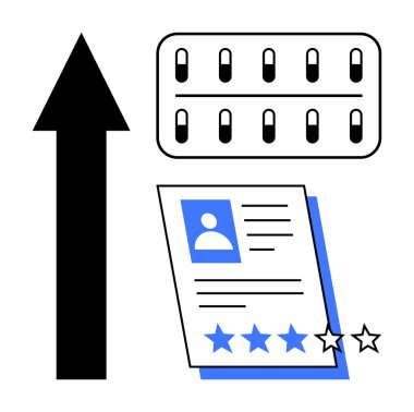 Büyümeyi simgeleyen ok artışı, değerlendirme için yıldız değerlendirmesiyle devam etmek, ve sağlık hizmetleri bağlamında tıbbın su toplaması. Kariyer büyümesi, performans değerlendirmesi, iş başvurusu, sağlık hizmetleri için ideal