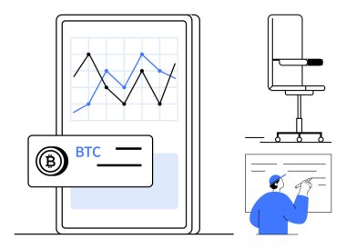Kripto para birimi trendleri, finansal analizler, dijital para birimi, fintech, iş stratejisi, borsa. Mobil cihazın grafiği, ofis başkanı verileri tartışıyor. Kripto para birimi eğilimleri