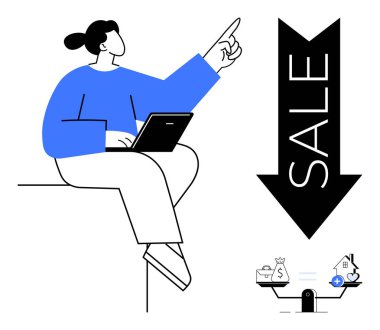 Alışveriş konsepti. Bir satış sembolüne işaret ederken online alışverişler için dizüstü bilgisayar kullanan biri tarafından satın alınmış. Alışveriş, finansal karar imgelerini de ön plana çıkarıyor. Dış ticaret, perakende, satış için.