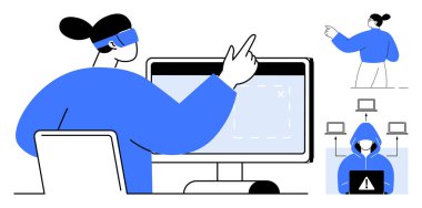 Online security, virtual reality, data protection, IT training, hacker alert, system networks. Person using a computer with VR and hacker icon s. Online security and virtual reality concepts