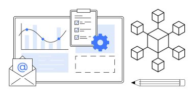 Business analytics, workflow automation, project management, data processing, productivity tools, digital planning. Features charts, gear checklist envelope and network diagram. Business analytics