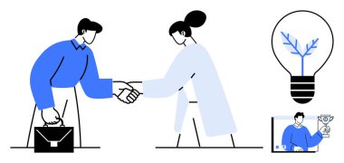 Erkek ve kadın profesyoneller el sıkışıyor, iş anlaşmasını ve işbirliğini simgeliyor. Yenilik, liderlik, takım çalışması, ağ oluşturma, ortaklık ve strateji unsurlarını içerir. İdeal