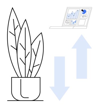 İş büyümesi, ekoloji, verimlilik, veri analizi, ilerleme, çevre bakımı. Okları ve dizüstü bilgisayarı olan, kavramları görselleştiren saksı bitkisi. İş büyümesi ve ekoloji kavramı