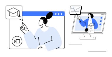 Çevrimiçi öğrenme kavramı. Çevrimiçi öğrenme, çevrimiçi araçlar aracılığıyla eğitim erişimi, sanal iletişim ve beceri geliştirme olanağı sağlar. Çevrimiçi öğrenme, e-öğrenme, webinarlar, uzak öğrenme için anahtardır