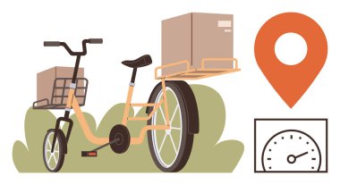 Paket teslimatı, sürdürülebilirlik, şehir ulaşımı, e-ticaret lojistiği, zaman verimliliği, yerel işletmeler. Kutulu kargo bisikleti, lokasyon iğnesi ve hız göstergesi. Teslimat ve sürdürülebilirlik