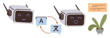 Dil öğrenme, yapay zeka iletişimi, çeviri teknolojisi, eğitim araçları, çok dilli etkileşim, dijital yardım. Dil simgeleri ve okları olan iki robot. Dil öğrenme ve yapay zeka