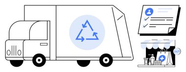 Çevre dostu ürünler taşıyan geri dönüşüm kamyonu, görevleri ön plana çıkaran kontrol listesi, mallarla dolu mağaza önü. Sürdürülebilirlik, lojistik, dağıtım, atık yönetimi, perakende, çevre bilinci için ideal