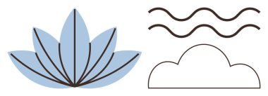 Sağlık, farkındalık, doğal çevre, spa, denge, rahatlama. Minimalist bir mavi nilüfer, siyah dalgalar ve bir bulut çizgisi. Huzurlu görüntülerdeki sağIık ve farkındalık kavramları