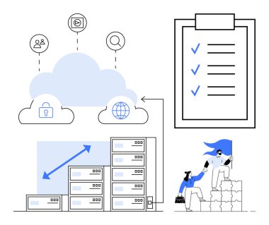 Bulut hesaplama, veri yönetimi, takım işbirliği, veri güvenliği, ölçeklenebilir büyüme, iş stratejisi. Görsel elementler arasında bir bulut, veri sunucuları simgeleri ve birlikte çalışan bir ekip yer alıyor. Bulut