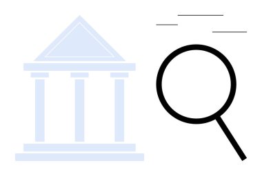 Klasik binaya bakan büyüteç, hukuk veya akademi soruşturması olduğunu gösteriyor. Araştırma, eğitim, adalet, şeffaflık, inceleme, soruşturma ve analiz konuları için idealdir. Basit düz metafor