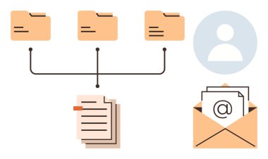 Veri organizasyonu, iş akışı, e-posta iletişimi, dijital dosya paylaşımı, bilgi depolama, kayıt tutma. Dosya dizinleri, belge kullanıcı simgesi ve e-posta sembollü zarf. Veri örgütü