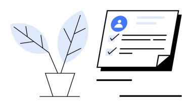 Kullanıcı profiline sahip belge ve minimalist yapraklı bir saksı bitkisi ile birlikte tamamlanmış kontrol listesi. Organizasyon, üretkenlik, kişisel gelişim, büyüme, kendini geliştirme için ideal