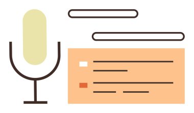 Ses teknolojisi, ses kopyası, iletişim araçları, dijital etkileşim, konuşma tanıma, yaratıcı tasarım. Metin blokları olan soyut mikrofon simgesi. Ses teknolojisi ve ses