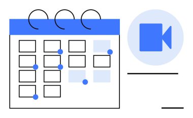 Remote work, time management, video conferencing, digital planning, agenda organization, online meetings. Calendar with marked dates and camera icon. Remote work and time management concept