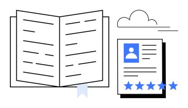 Kitap ayracı ve yıldız reytingleri içeren detaylı profil belgesi içeren açık bir kitap. Eğitim, kişisel büyüme, değerlendirme, değerlendirmeler, yayıncılık, analitik ve başarı için ideal