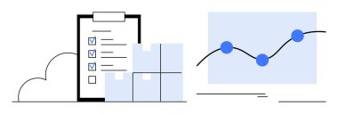 Başarı eğilimlerini gösteren bir satır grafiği olan kutuların yanında kontrol listesi panosu. Basit bir dairede lojistik, tedarik zinciri, veri analizi, üretkenlik, büyüme, planlama ve verimlilik için ideal