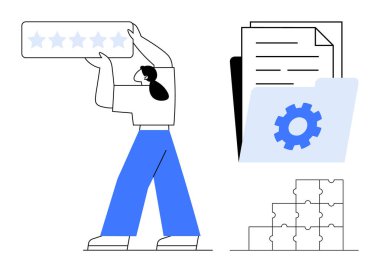 İş verimliliği araçları. Yıldız derecelendirme, vites simgesine sahip dosya yönetimi ve bulmaca parçaları iş verimliliği, sistematik iş akışı ve hedef başarısı. Üretkenlik uygulamaları için harika, takım.