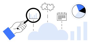 Veri analizi. Veri analiz sembolleri arasında büyüteç, bulut, pasta grafiği ve takvim de var. Karmaşık veri bulmacalarını çözen veri analizleri. Teknoloji, iş, yenilik stratejisi için ideal