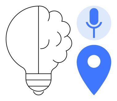 Yaratıcılık, yenilik, akıllı teknoloji, konum hizmetleri, ses tanıma, fikir üretme. Ampulü beyin, mikrofon sembolü ve konum simgesi ile ayır. Yaratıcılık ve yenilik
