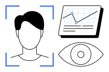 Tarama çerçevesi, istatistiksel grafik ve veri analizi, izleme ve tanımayı temsil eden bir göz ikonu ile yüz yüze. Teknoloji, yapay zeka, güvenlik ve biyometrik izleme için ideal