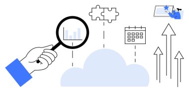 Veri analizi, iş planlaması, bulut hesaplaması, üretkenlik araçları, stratejik büyüme, yenilik. Verilerin üzerinde bir büyüteç, bulmaca takvimi ve oklar. Veri analizi ve iş