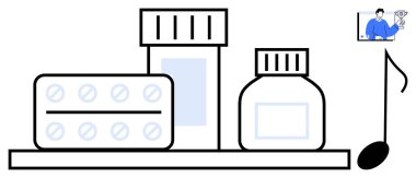 İlaçlar, ilaç kapları ve sağlık, bakım, dijital sağlık, müzik terapisi ve çevrimiçi tıbbi yenilik içeren sanal sağlık danışma ekranı. Sağlık hizmetleri için ideal