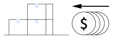 Lojistik ve tedarik zinciri görsel. Yığılmış kutular ve para birimi simgeleri üzerinden lojistik ve yön oku finansal akışı. Nakliye, e-ticaret ve dağıtım için lojistik. Konular depolama