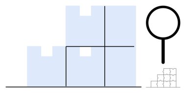 Sorun çözme konsepti. Bulmaca zorlukları ve çözümleri engeller, cam analizini büyütür ve odaklanır. Strateji, eğitim, iş ve araştırma alanlarında sorun çözme