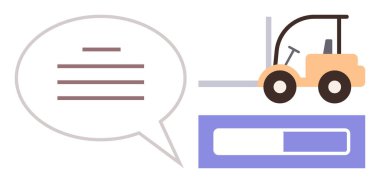 Lojistik, iş akışı yönetimi, endüstriyel işlemler, iletişim araçları, ilerleme izleme, iş sistemleri. Forklift, konuşma balonu ve ilerleme çubuğunun yanında. Lojistik ve iş akışı yönetimi