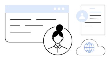 Kullanıcı veri yönetimi, kimlik doğrulama, bulut erişimi, profesyonel profil oluşturma, web hizmetleri, küresel erişim. Elementler arasında bir kişi simgesi, bir belge bir web sayfası ve bir bulut grafiği yer alıyor. Kullanıcı