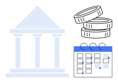 Bankacılık, finans, ödemeler, program, tasarruflar, yatırımlar. Tarzlı banka binası, işaretli tarihli bozuk para takvimi. Bankacılık ve finans, planlama ve tasarruf odaklı olarak resmedildi