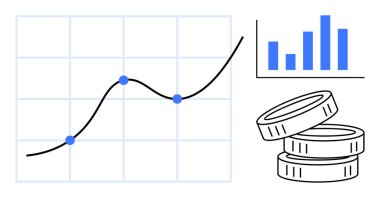 Finance, data analytics, economic progress, investment insights, business growth, market trends. Graph with line plot, bar chart and coins. Finance and data analytics concept