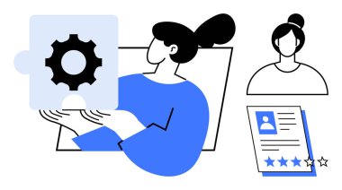 Yapboz parçalı bir kadın, profil çizimi ve yıldız derecesiyle devam ediyor. İşe alım, takım oluşturma, görev yönetimi, insan kaynakları, problem çözme, kariyer geliştirme için ideal